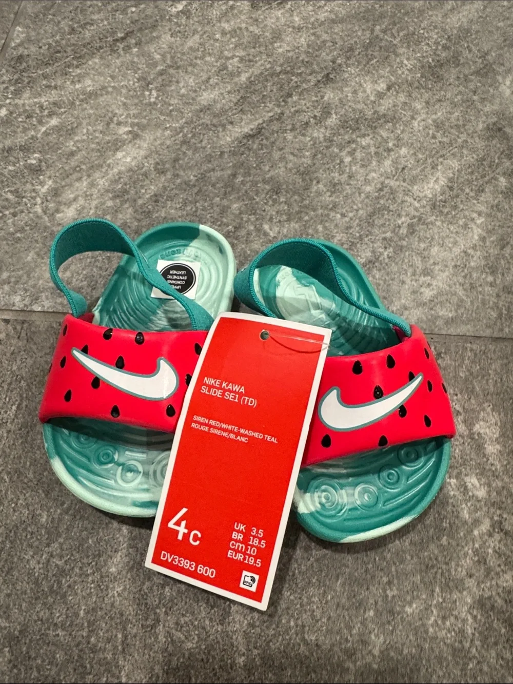 Nike Kids Slide Sandals in Red and Teal with Watermelon Print